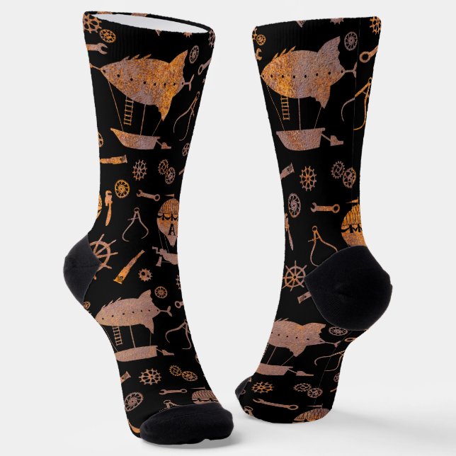 Steampunk Rusty Steel Airships Subtly Monogrammed Socks (Angled)
