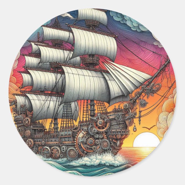 STEAMPUNK SAILING SHIP SUNSET CLASSIC ROUND STICKER (Front)