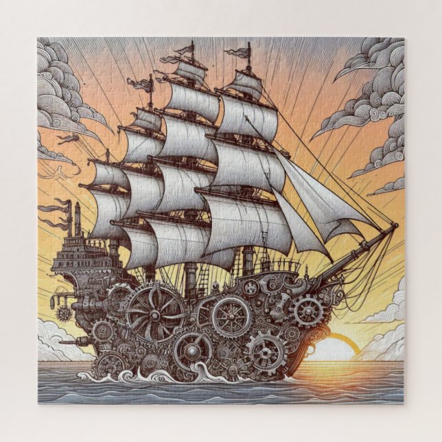 STEAMPUNK SAILING SHIP SUNSET JIGSAW PUZZLE (Vertical)