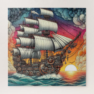 STEAMPUNK SAILING SHIP SUNSET JIGSAW PUZZLE