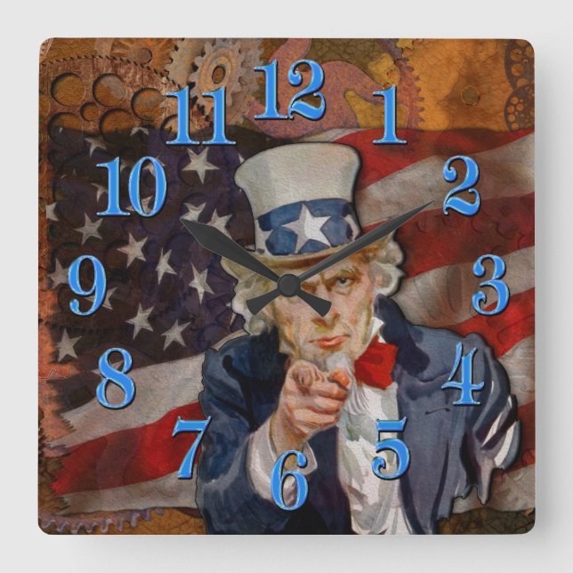 Steampunk Sam Patriotic US Flag Design Square Wall Clock (Front)
