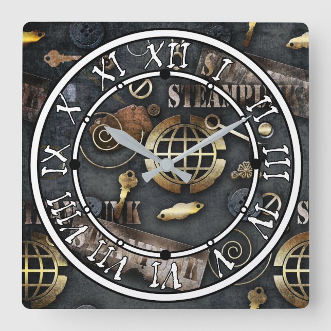 Steampunk, scrapbooking square wall clock (Front)