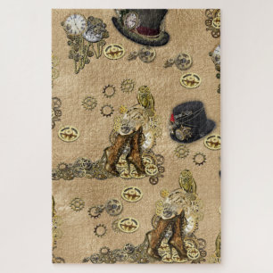 Steampunk Sculptures on Tan Leather Texture Jigsaw Puzzle