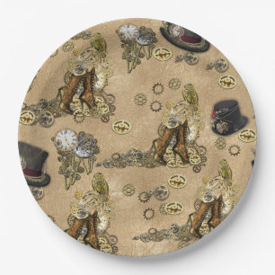 Steampunk Sculptures on Tan Leather Texture Paper Plate