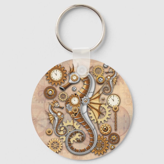 Steampunk Seahorse Vintage Surreal Art  Key Ring (Front)