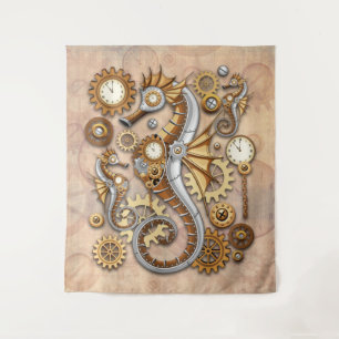 Steampunk Seahorse Vintage Surreal Art Tapestry