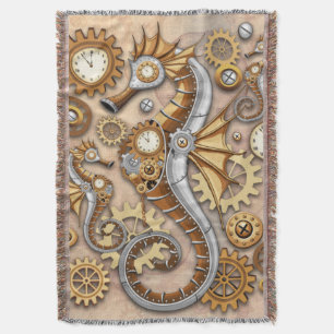 Steampunk Seahorse Vintage Surreal Throw Blanket