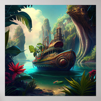 Steampunk ship in a jungle magic realism -  IA art Poster