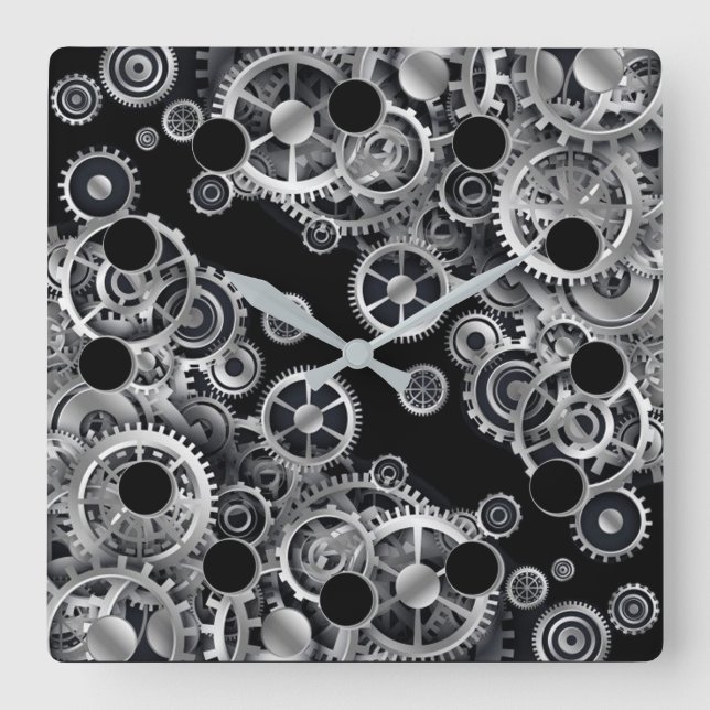 Steampunk Silver Gears 2 Square Wall Clock (Front)