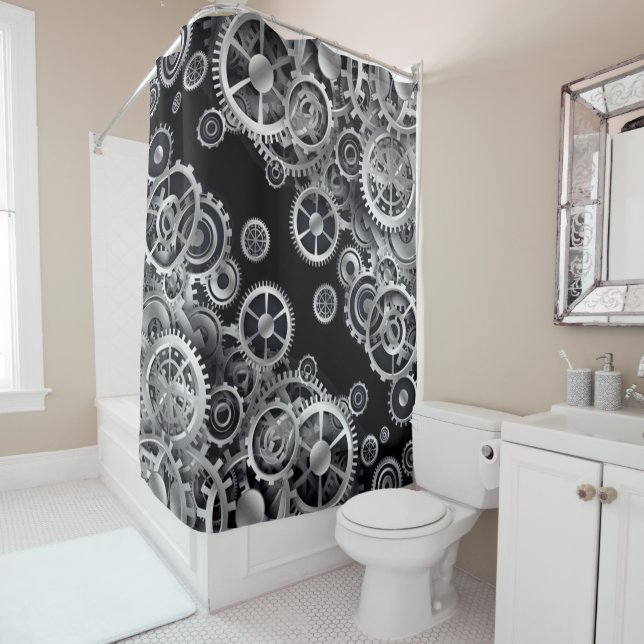 Steampunk Silver Gears Shower Curtain (In Situ)