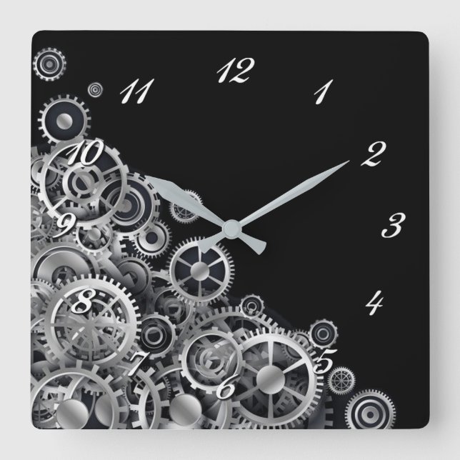 Steampunk Silver Gears Square Wall Clock (Front)