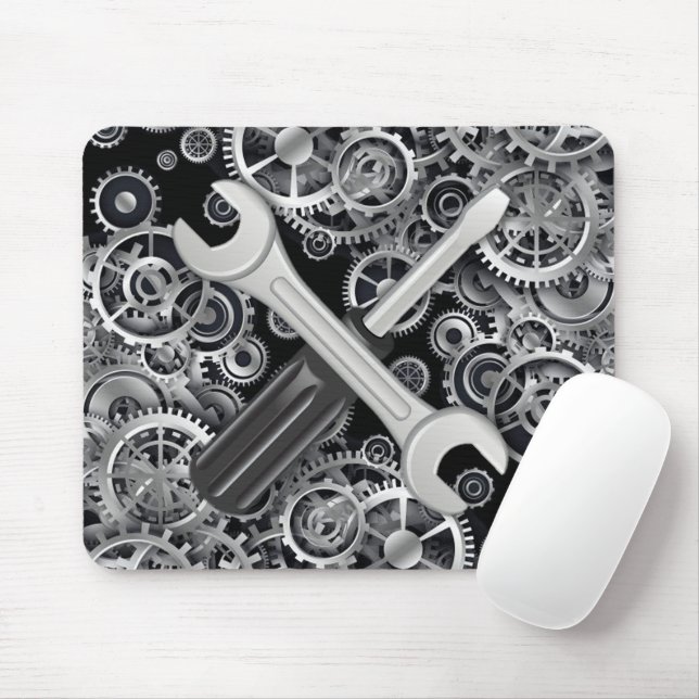 Steampunk Silver Gears & Tools Mouse Pad (With Mouse)