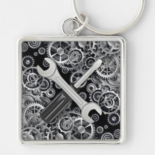 Steampunk Silver Gears & Tools Square Key Chain