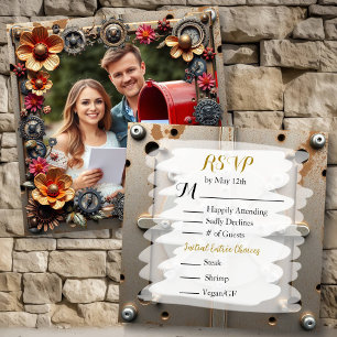 Steampunk Silver & Wood Personalised Wedding RSVP Save The Date