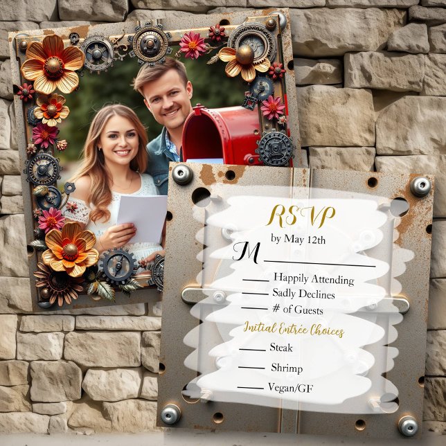 Steampunk Silver & Wood Personalised Wedding RSVP Save The Date (Creator Uploaded)