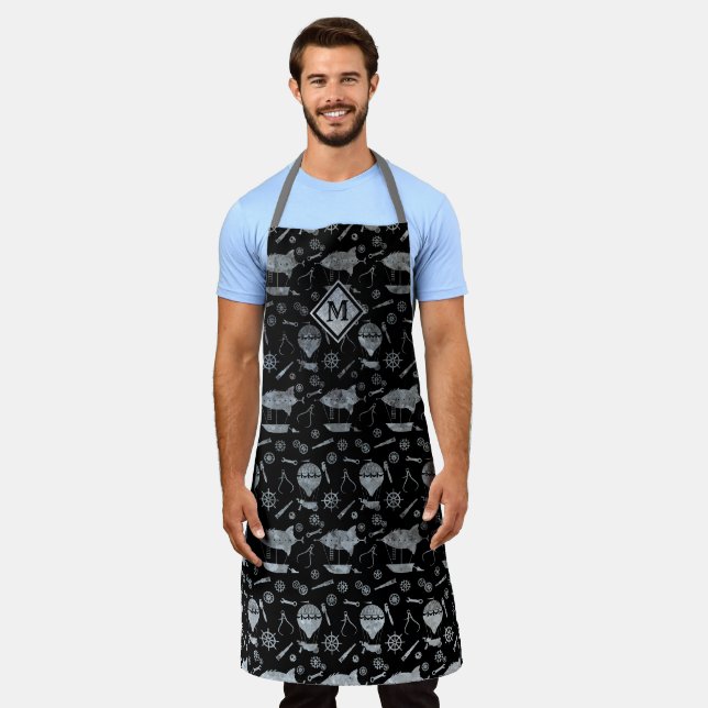 Steampunk Silver Zinc Airships Monogram Apron (Worn)
