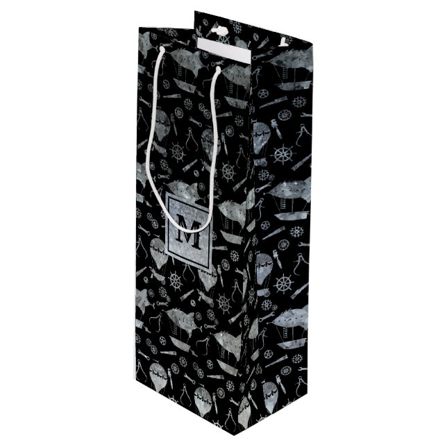 Steampunk Silver Zinc Airships Monogram Block Wine Gift Bag (Front Angled)
