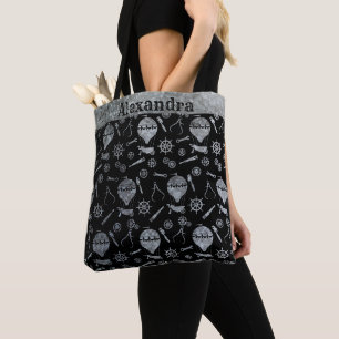 Steampunk Silver Zinc Balloons Custom Name Tote Bag