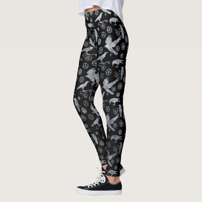 Steampunk Silver Zinc Crows and Gears Leggings (Left)