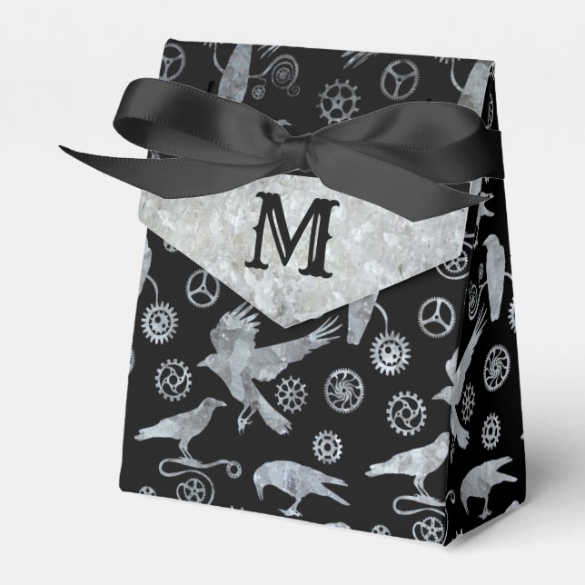 Steampunk Silver Zinc Gears and Crows Monogram Favour Box (Front Side)