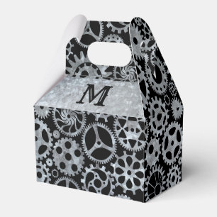 Steampunk Silver Zinc Gears Custom Monogram Gable Favour Box