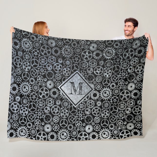 Steampunk Silver Zinc Gears Custom Monogram II Fleece Blanket (In Situ)