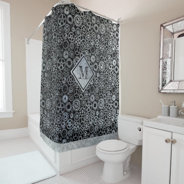 Steampunk Silver Zinc Gears Custom Monogram Shower Curtain (In Situ)