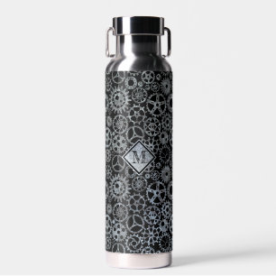 Steampunk Silver Zinc Gears Custom Monogram Water Bottle