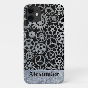 Steampunk Silver Zinc Gears Custom Name iPhone 11 Case