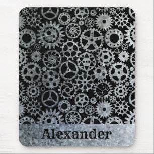Steampunk Silver Zinc Gears Custom Name Mouse Pad