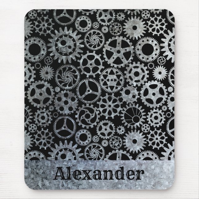 Steampunk Silver Zinc Gears Custom Name Mouse Pad (Front)