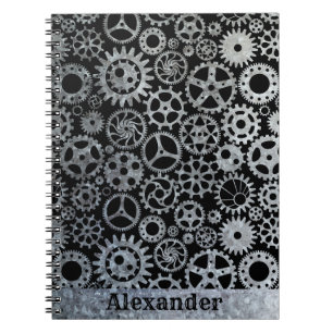 Steampunk Silver Zinc Gears Custom Name Notebook