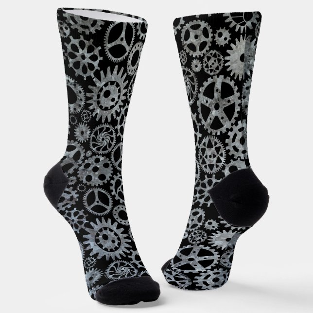 Steampunk Silver Zinc Gears Socks (Angled)