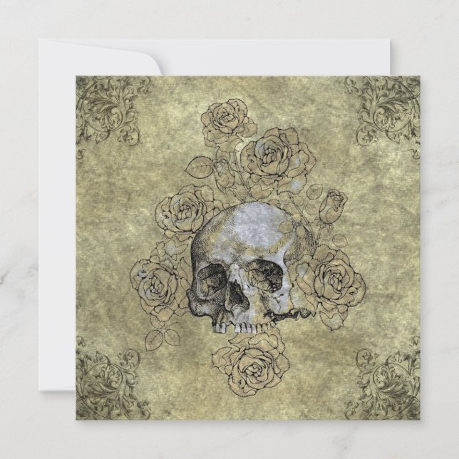 Steampunk Skull and Roses Goth Wedding Invitation (Front)
