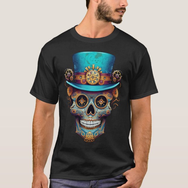Steampunk Skull Day of the Dead Men's Black T-Shirt (Front)