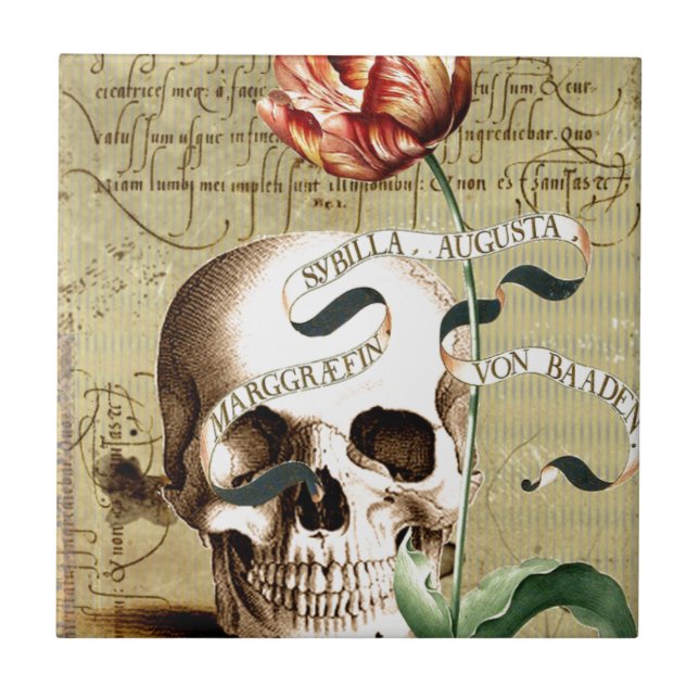 Steampunk Skull Floral Writing Halloween Ceramic Tile (Front)
