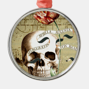 Steampunk Skull Floral Writing Halloween Metal Ornament