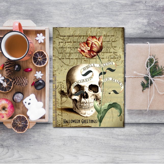 Steampunk Skull Floral Writing Halloween Postcard (Creator Uploaded)