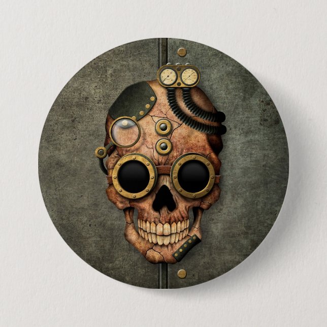 Steampunk Skull with Goggles - Steel Effect 7.5 Cm Round Badge (Front)