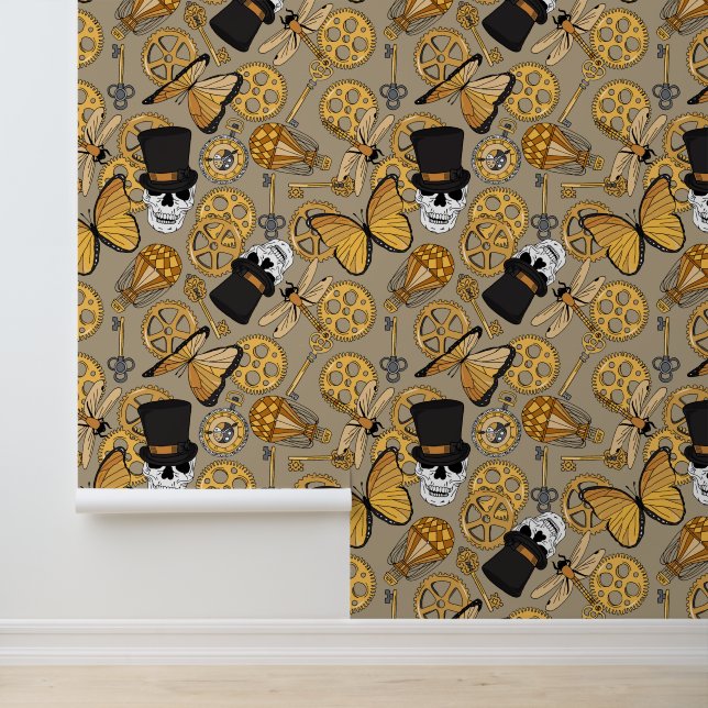 Steampunk Skulls Top Hats Gears Pattern Brown Wallpaper (Application)