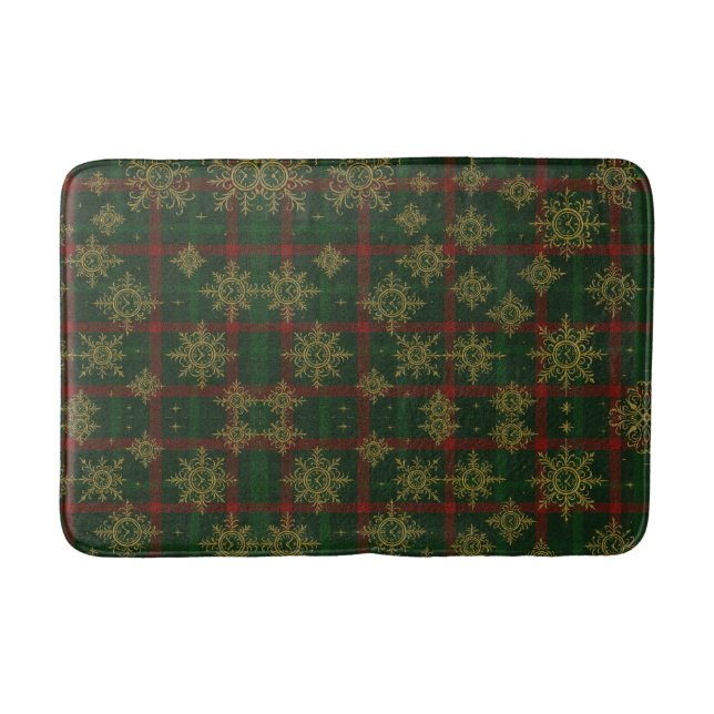 Steampunk Snowflake Red and Green Tartan Bath Mat (Front)