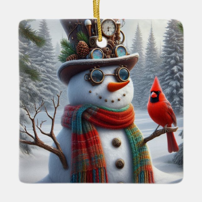 Steampunk snowman ornament,  ceramic ornament (Front)