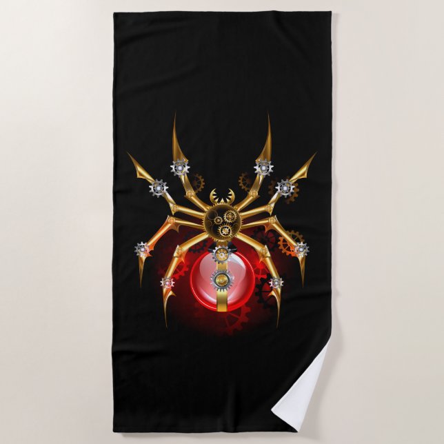 Steampunk spider on black beach towel (Front)