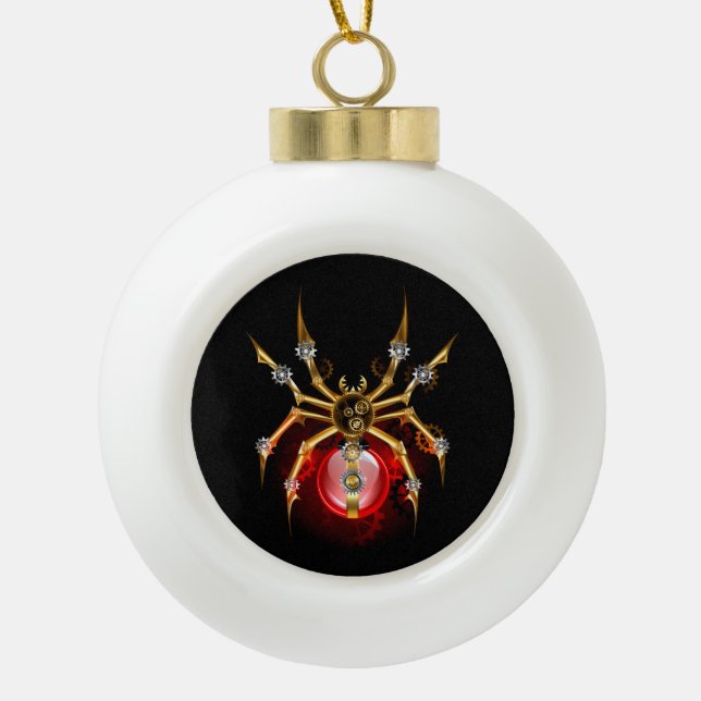 Steampunk spider on black ceramic ball christmas ornament (Front)