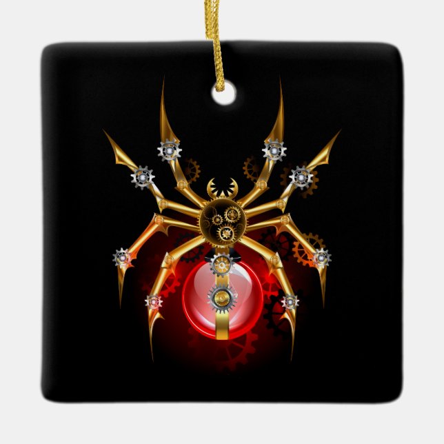 Steampunk spider on black ceramic ornament (Front)