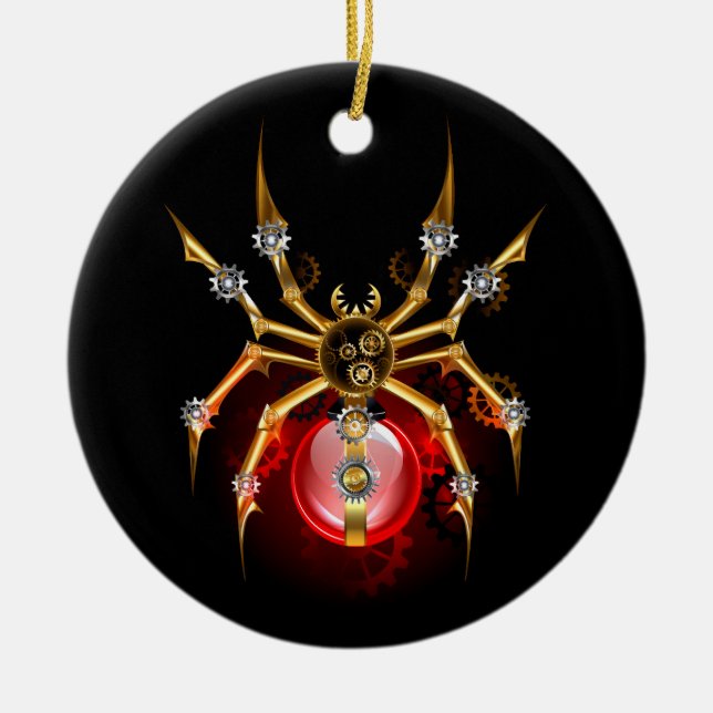 Steampunk spider on black ceramic ornament (Front)