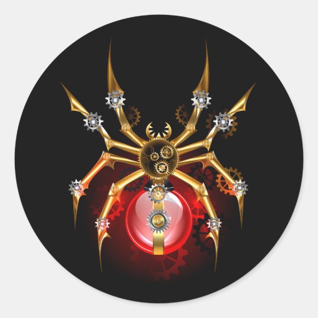 Steampunk spider on black classic round sticker (Front)