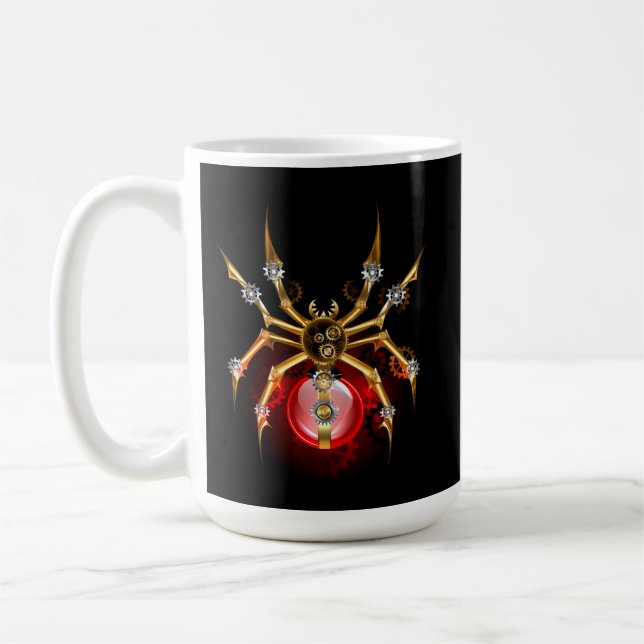 Steampunk spider on black coffee mug (Left)
