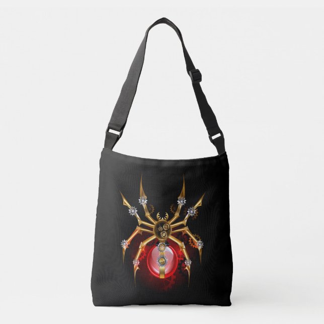 Steampunk spider on black crossbody bag (Front)