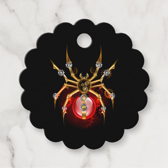 Steampunk spider on black favour tags (Front)